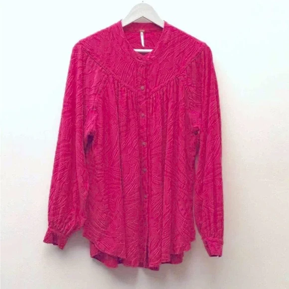 Free People Can't Stop Dreaming Oversized Sz XS Vibrant Pink Textured Blouse - Picture 10 of 11